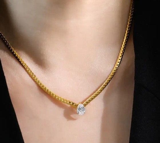 Gold Choker Necklace with Sparkling Gemstone Pendant Stainless Steel