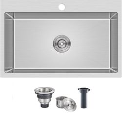 MENATT 28 Inch Drop-in Kitchen Sink, 304 Stainless Steel Topmount Handmade Kitchen Sink, Single Bowl Workstation Sink with Drain Kit (Brushed), 28"x18