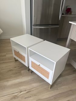 Rattan & Wood Nightstands White (Set of 2)
