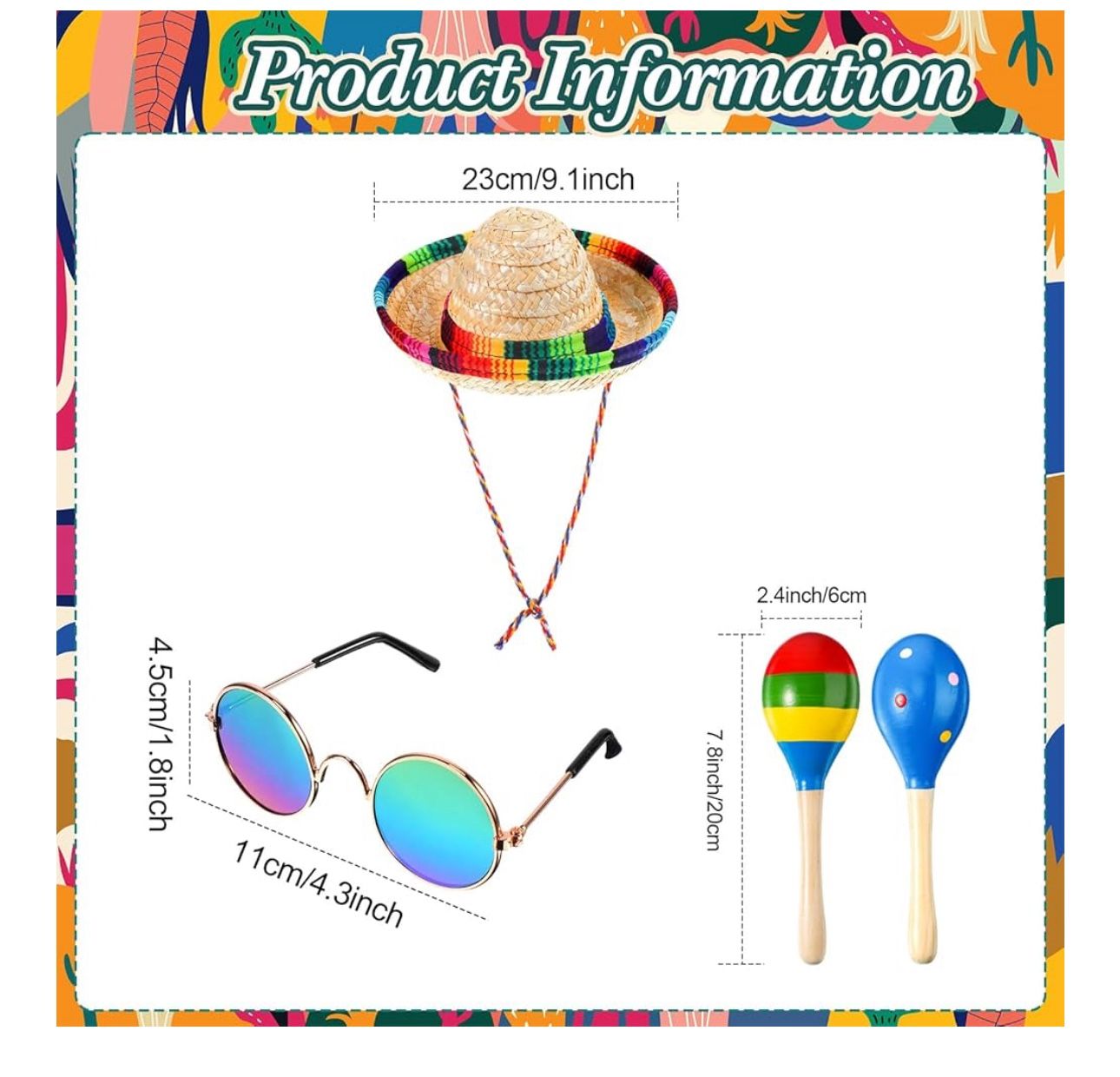 5 Pcs Mexican Dog Miniature Horse Alpaca Yard Goose Costume Set Include Rainbow Poncho Sombrero Hat Pet Sunglasses Maracas for Cinco De Mayo, Day of T