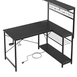 ❤️‍🔥 42" L Shaped Gaming Desk with Power Outlet, Computer Desk with LED Light, 4-Tier Adjustable Shelves $ 90