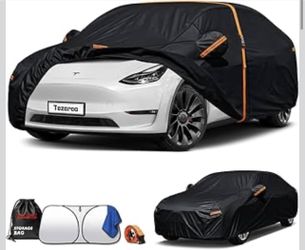 New-Tesla Model Y Car Cover Waterproof All-Weather with Windshield Sun Shade and Breathable Vents,Driver Door Zipper,Heavy Duty UV-Resistant (Includes