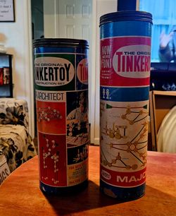 Set of two collectible Tinkertoy cans with some parts