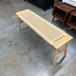 100% Solid Oak Farmhouse Entryway Bench, Wooden Bench Indoor with Hand Woven Rope Surface Design