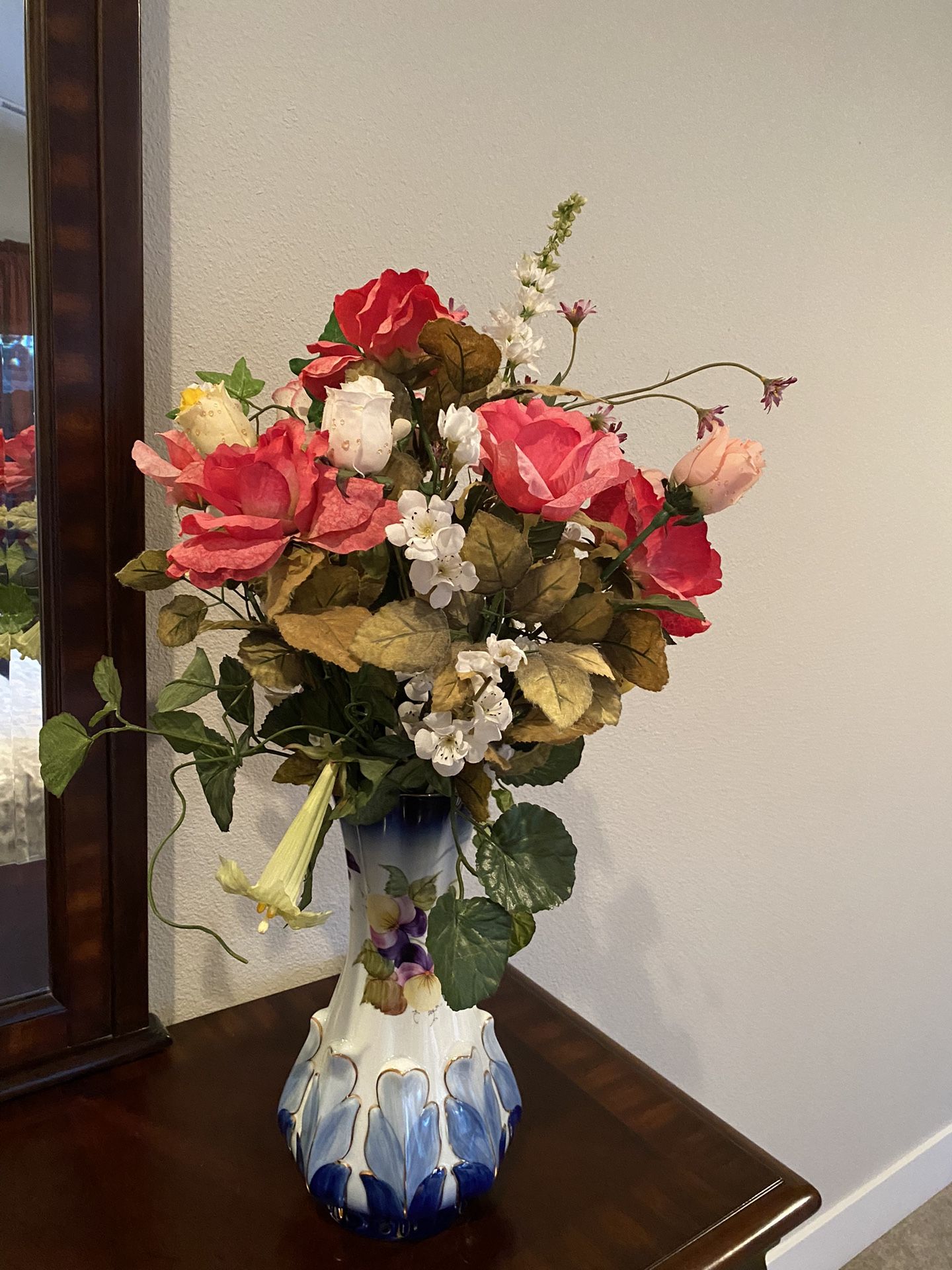 Artificial Flowers Arrangement With Porcelain Vase