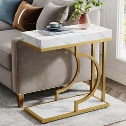 White Narrow C Table, Modern End Table Bedside Table With Metal Frame