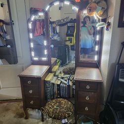 Antique Vanity With Added Lights And Stool