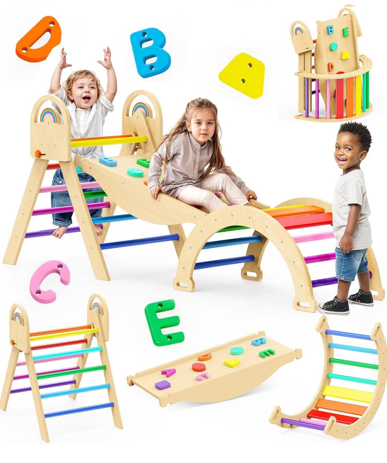 Pikler Triangle Set – 9-in-1 Foldable Wooden Climbing Toy (Brand New)