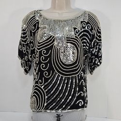 Vintage Swee Lo Silk Sequin Beaded Top PL Black Silver Art Deco Party Blouse