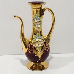 TreFuochi Venice Murano Glass Small Pitcher Red Ruby Gold 24K 5” Tall. Beautiful decorative pitcher with Enameled flowers is in very good condition.