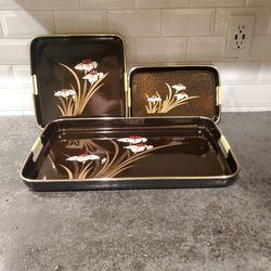 Brand new in box vintage 3 pc. laquerware dining set, handpainted and made in Japan. 