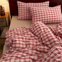 New Red Gingham Plaid Duvet Cover Queen Size Washed Cotton Checkered Bedding Set