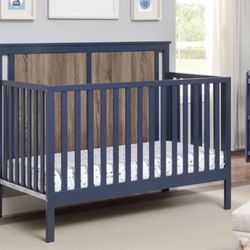 4 in 1 Convertible Crib in Midnight Blue with Vintage Walnut