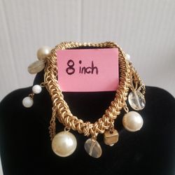 Vintage Goldtone Faux Pearl Dangle Charms Chunky Bracelet 8" Stretchable F10 