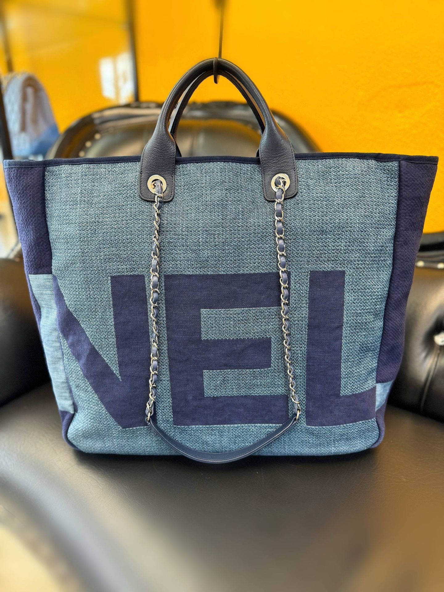CHANEL Denim Deauville Logo Shopping Chain Tote Large Bag & Card