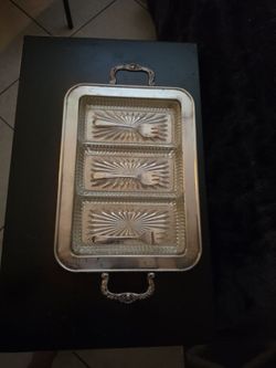 Vintage Silverplate Footed Olive Relish Serving Tray with 3 Glass Inserts 17x10