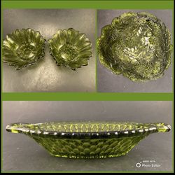 Vintage Indiana Glass 4 Piece Green Glass Lot-Relish Tray & Berry Bowls