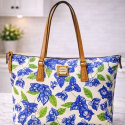 Dooney & Bourke Floral Vinyl Tote Bag Blue Botanical Print