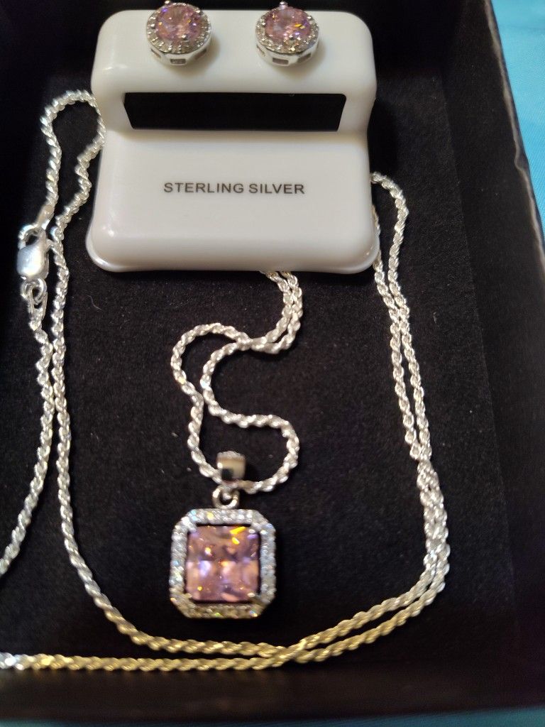 Pink Sapphire Pendant And Earrings Sterling Silver
