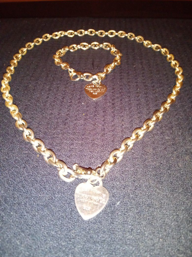Tiffany & Co Sterling Silver Heart Tag Charm Necklace & Bracelet Set

