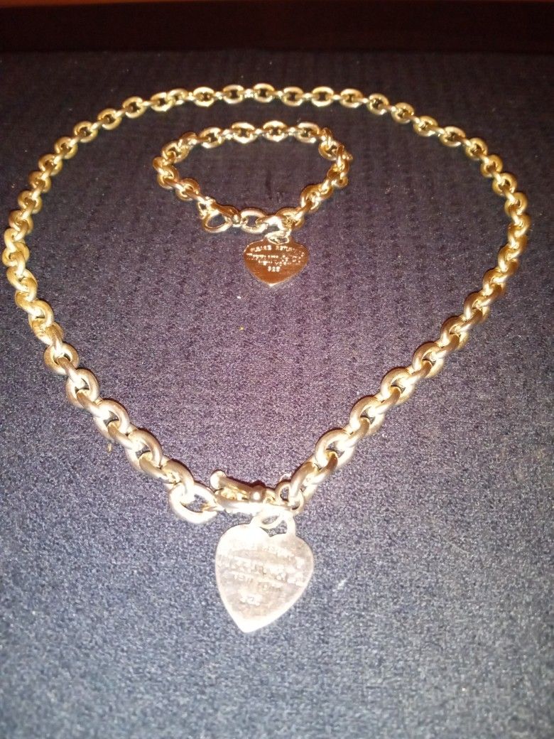 Tiffany & Co Sterling Silver Heart Tag Charm Necklace & Bracelet Set