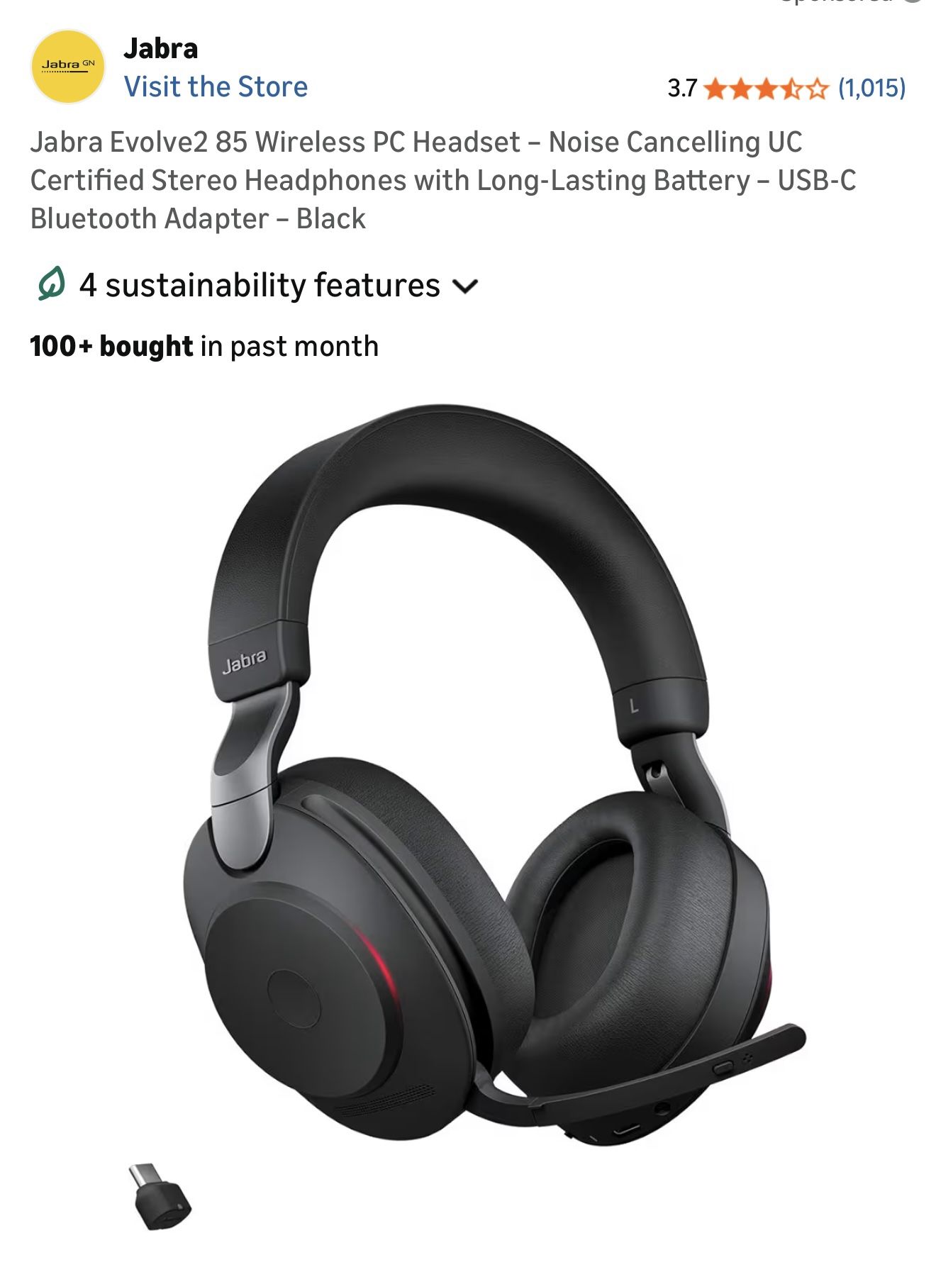 Jabra Evolve2 85 Wireless PC Headset - Noise Cancelling UC Certified Stereo Headphones with Long-Lasting Battery - USB-C Bluetooth Adapter - Black