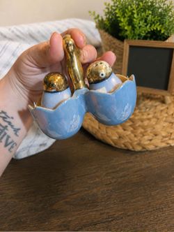 Vintage Lusterware Ceramic Birds in Egg Basket Salt and Pepper Shakers