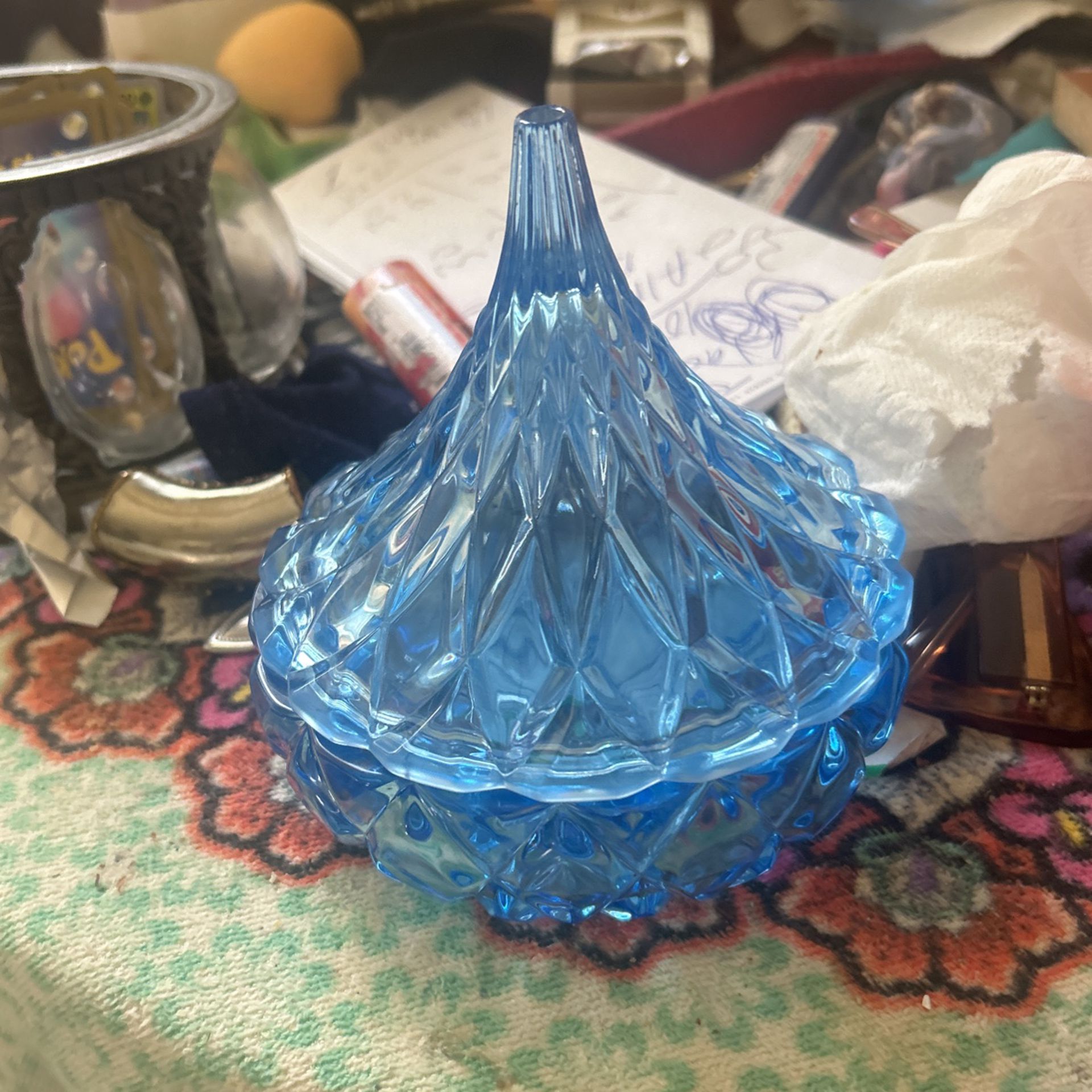 Blue Crystal  Trinket  Holder  Blue Glass Vintage 