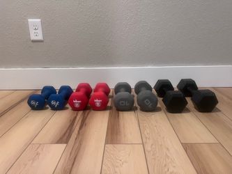 Set of Dumbbells (5, 8, 10, 15) and Kettlebells (15, 10, 5)