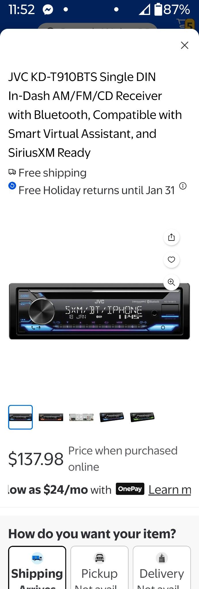 Like New JVC KD-TD91BTS - CD Receiver featuring Bluetooth, Front USB, AUX, Amazon Alexa, SirusXM Ready