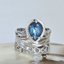 Unique Artisan Crafted Vintage Sterling Silver London Blue Topaz Ring,  Size 8