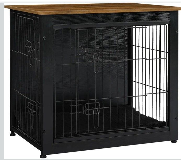 DWANTON Dog Crate Furniture with Cushion, Wooden Kennel Table with Double Doors, Indoor Dog House, Small/Medium/Large Size, 27.2" L, Black+Warm Brown