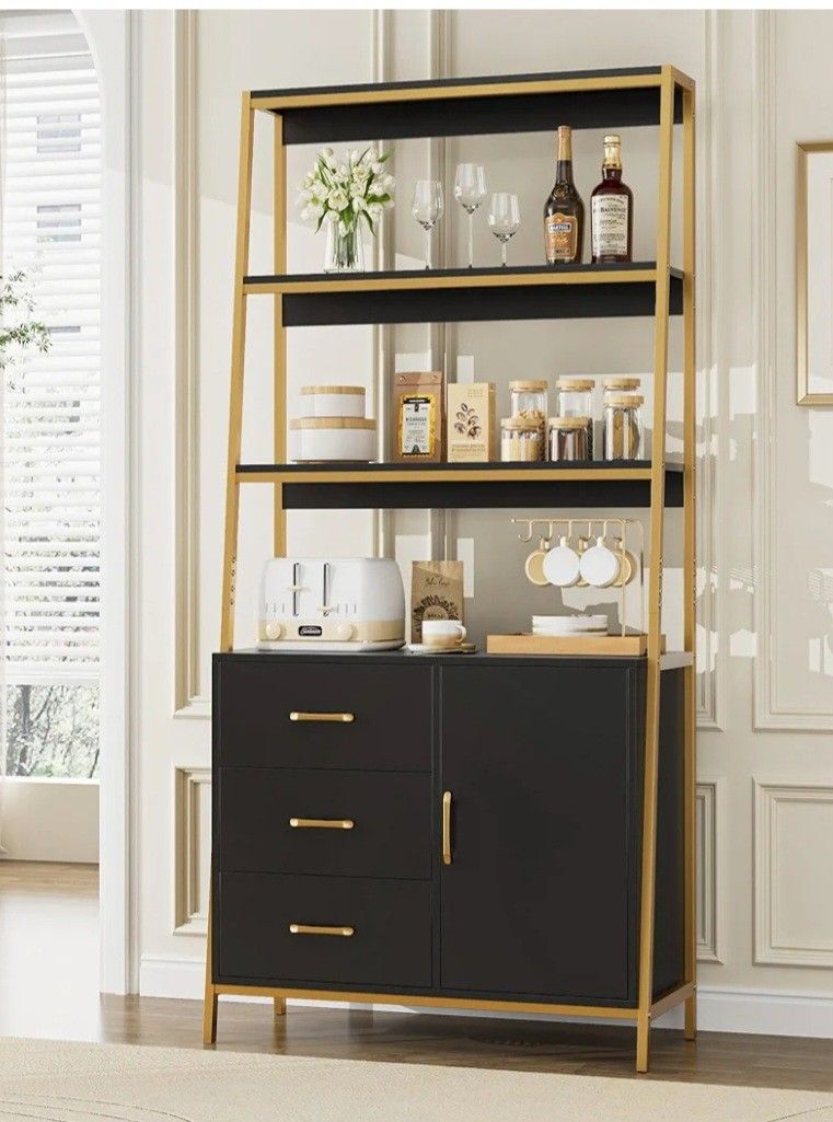 HITHOS Tall Bookshelf, Industrial Console Table with Drawers and Ladder Shelves, Free Standing Storage Cabinet Kitchen Bakers Rack with