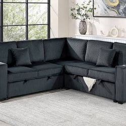 New Sectional With Pullout Bed. Black.  90x90x36H.  Free Delivery!