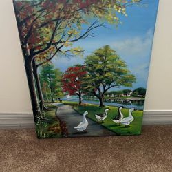 Geese By The Lake- 20x16in Framed Original Canvas