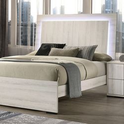WHITE WASH QUEEN SIZE BED FRAME LED LIGHT ON HEADBOARD
