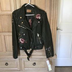 Cute Leather Jacket With Embroidered Flowers By Driftwood Size M