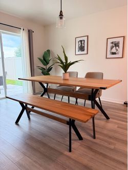 Oak Finish Dining Table with Bench, 2 Chairs and 2 Barstools