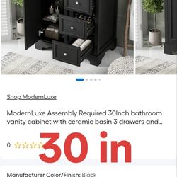 Assembly Required 30Inch bathroom vanity cabinet with ceramic basin 3 drawers and adjustable shelves