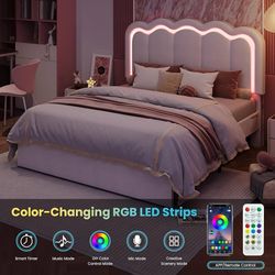 🎃 Halloween Special Full Size Bed Frame with LED Lights and Storage Drawer, White Upholstered Velvet Platform Bed with Adjuatable Wavy Headboard, Noi