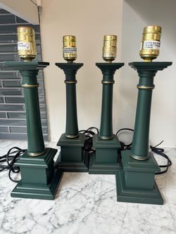 4 Vintage Laura Ashley Green Wood Accent Lamps– Made in England – w/Labels - Cottage/Shabby Chic