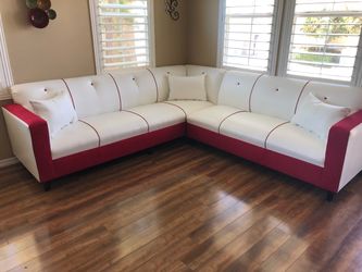 Custom white vinyl and red chenille sectional