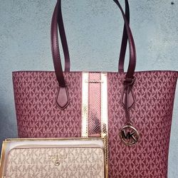 Michael Kors Large Burgandy & Rosegold Tote And Rosegold Wallet 