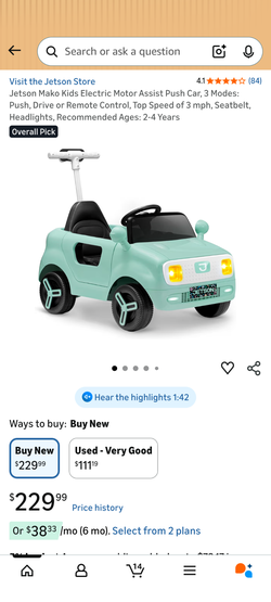 Jetson Mako Kids Electric Motor Assist Push Car, 3 Modes: Push, Drive or Remote Control, Top Speed of 3 mph, Seatbelt, Headlights, Recommended Ages: 2