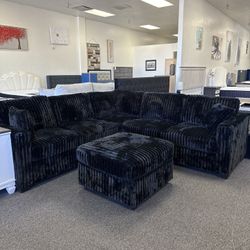 Black Corduroy Sectional With Ottoman