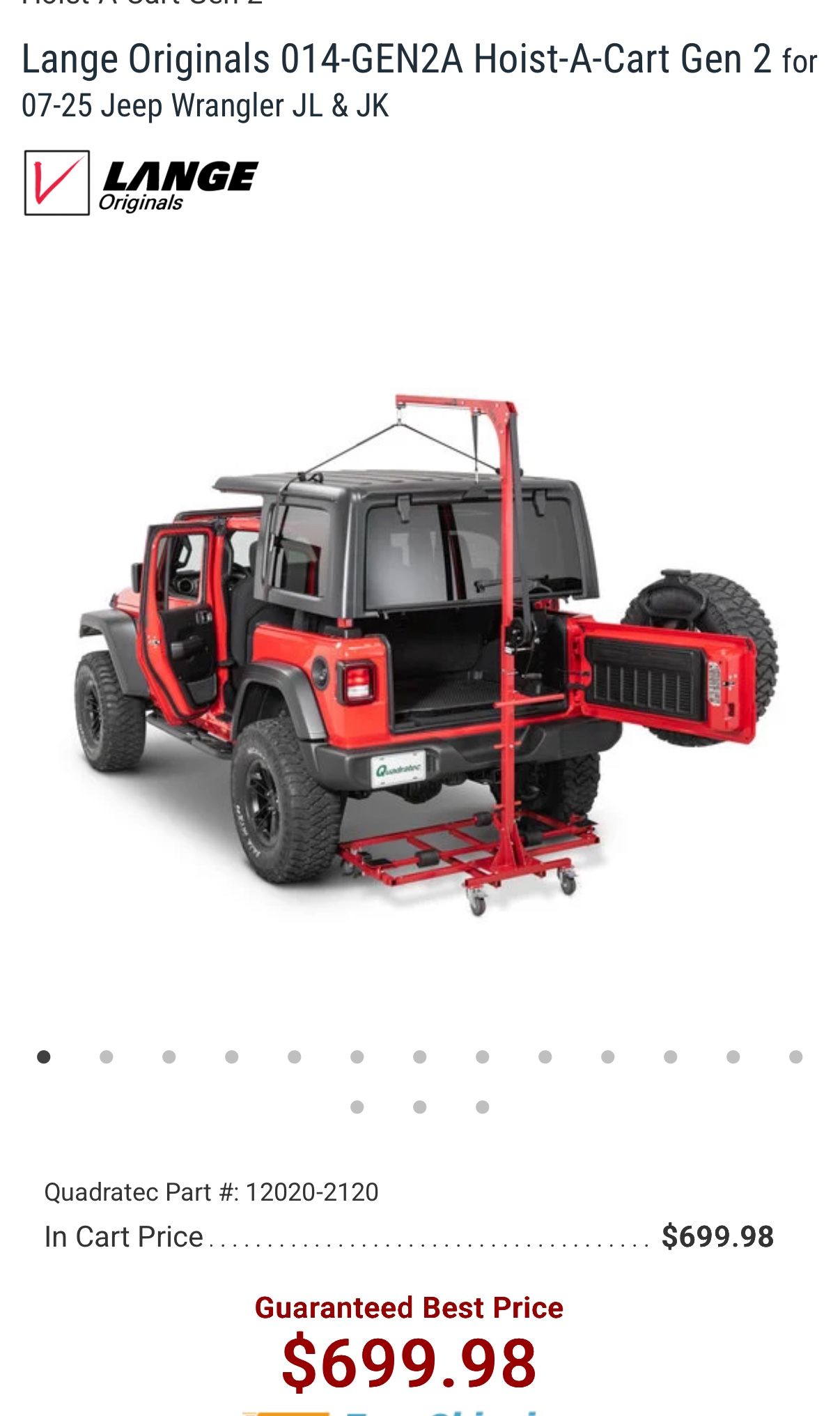 Lange Originals 014-GEN2A Hoist-A-Cart Gen 2 for 07-25 Jeep Wrangler JL & JK