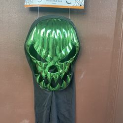 Halloween Green Metallic Skull Mask With Black Hood.