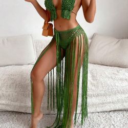 Crochet bikini fringe halter, top, and bottom