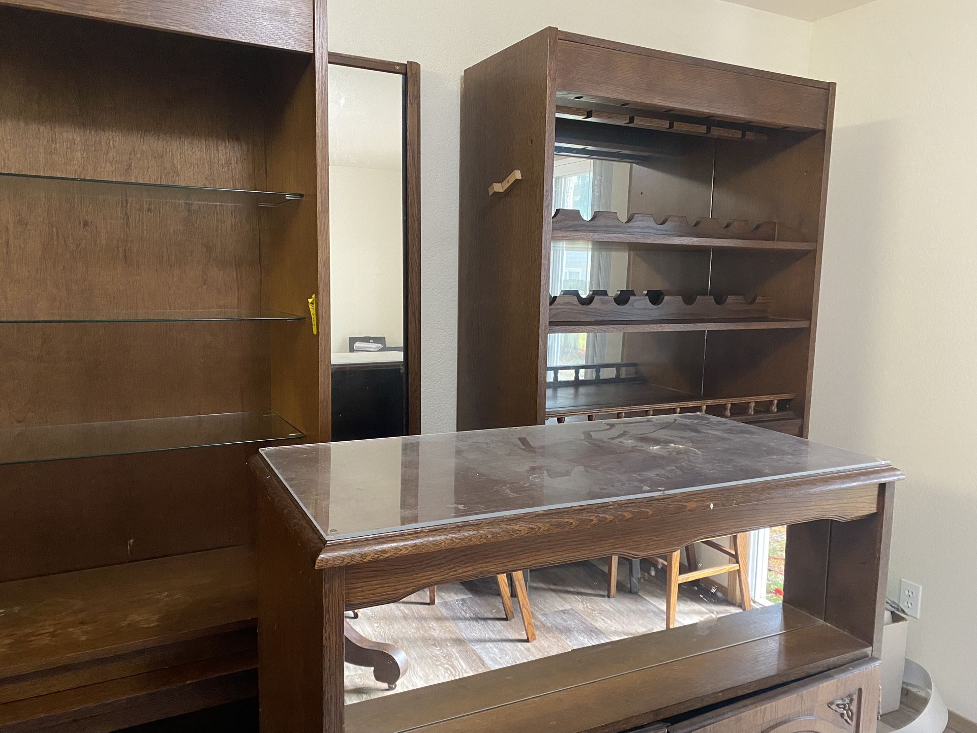 Vintage Bar Set - Includes 2 Large Bar Shelves + Matching Corner Mirror + Bar Counter - $500 OBO