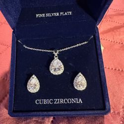 Danecraft Fine Silver Plate Cubic Zirconia 18" Pear Necklace & Earrings Set, NIB